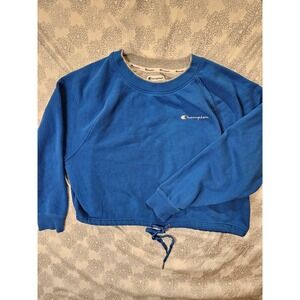 Champion Cropped Sweatshirt Drawstring Hem‎ Pullover Athleisure Blue L